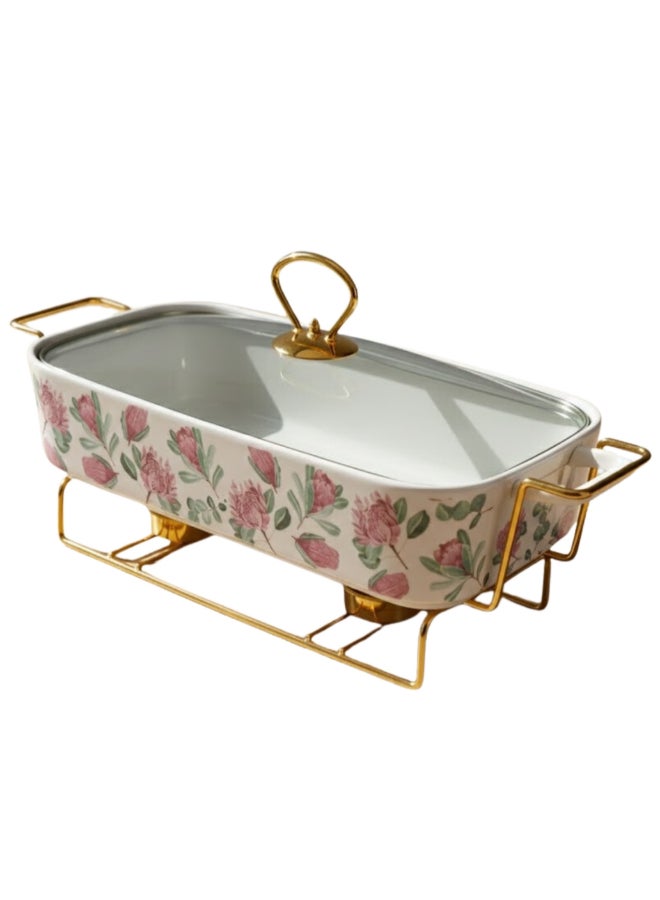 FEELINGS Ceramic Food Warmer ,Ceramic Chafing Dish with Lid & Gold Warming Stand, 12-Inch – SD-61211-P - Image 1